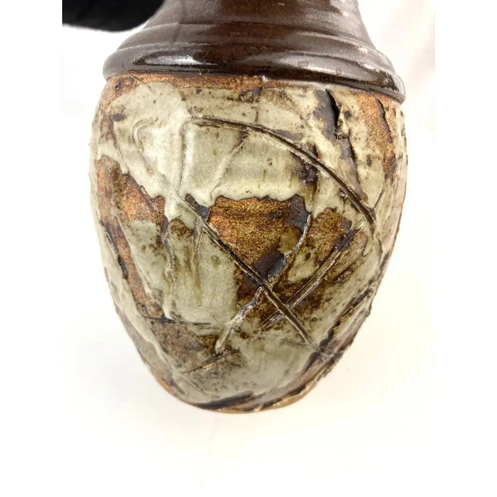 Vintage Studio Art Pottery Vase‎ Impressed Leaf Design Rustic Stoneware Glaze - Picture 5 of 10